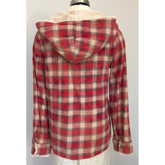 White Crow Shacket Size Large Red Cream Black Plaid Hooded Flannel Faux Fur‎ - Picture 4 of 15